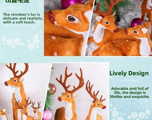 Detailed view of lifelike Christmas reindeer ornaments with soft fur texture and realistic design