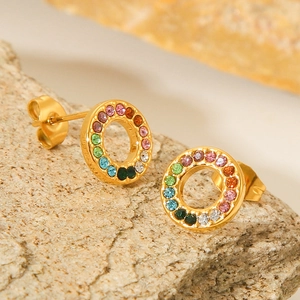 Macro detail of 18K gold stainless steel earrings with multi-colored round gemstones