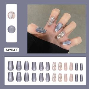 Blue cat eye press-on nails with silver glitter and rhinestones in ballet shape MY047