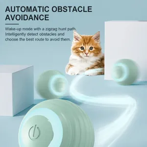 Smart interactive cat toy ball in mint green with LED lights and automatic obstacle avoidance