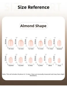 Size chart for almond press-on nails showing 24 pieces with 12 different size dimensions
