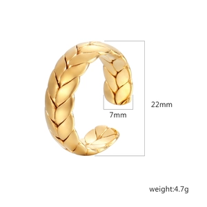 18K gold plated stainless steel open ring with woven wheat pattern 22mm x 7mm