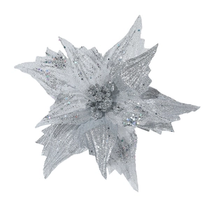 Sparkling silver glitter artificial poinsettia flower for Christmas tree decoration