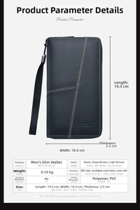 Detailed dimension guide for large capacity men long wallet showing 19.5 x 10.5 x 2.5 cm size