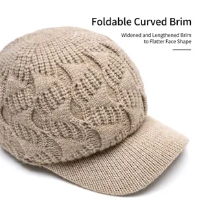 Knitted winter baseball cap with foldable wide brim for face contouring in khaki beige