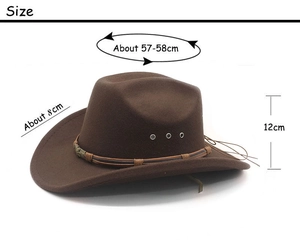Detailed view of dark brown cowboy hat with 57-58cm size and 8cm wide brim dimensions