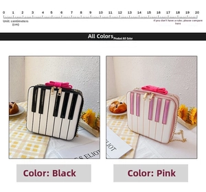 Detailed comparison of pink and black piano key handbags with bow accents and gold chains