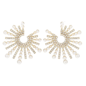 Elegant gold sunflower earrings with sparkling rhinestones and white pearls on white background
