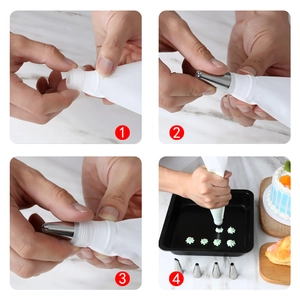Step-by-step guide showing how to assemble a piping bag with nozzle and coupler