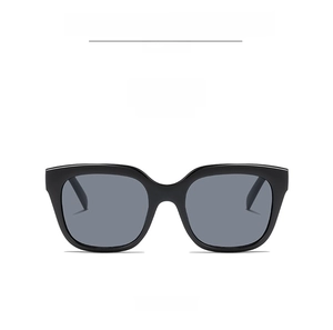 Front view of stylish square black frame sunglasses with dark grey lenses for women
