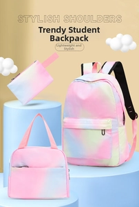 Three-piece school bag set featuring a gradient pastel backpack, lunch tote, and pencil case
