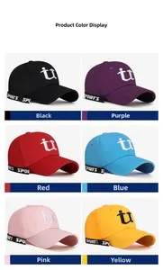 Detailed view of six colorful baseball caps featuring sports straps and embroidered logos