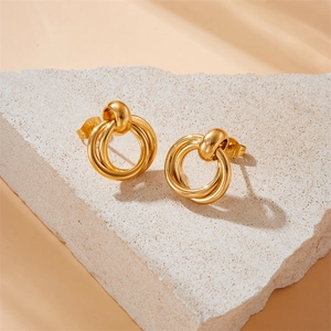 Minimalist geometric interlocking triple circle stud earrings in polished gold-plated finish