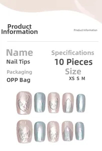 Détails des faux ongles sirène irisés rose et bleu avec tableau des tailles et kit
