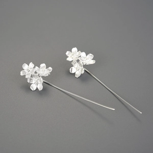 Elegant S925 silver forget-me-not flower drop earrings with long curved ear threads
