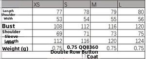 Detailed size chart for double-breasted coat featuring measurements for XS to L sizes