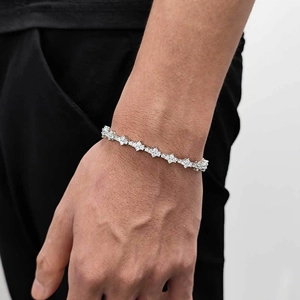 Silver hip hop tennis bracelet with cross star patterns and sparkling white zircons