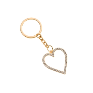 Golden heart keychain with sparkling rhinestones isolated on white background