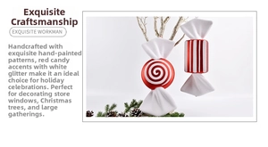 Detailed view of red and white glitter candy ornaments with festive pine decoration