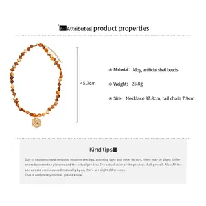 Size guide for beaded necklace with faux shell beads and round gold coin pendant details