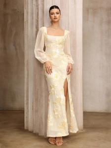 Elegant Women Square Neck Evening Dress Floral Embroidery Long Lantern Sleeve High Slit Slim Fit Banquet Maxi Gown