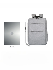 Gray business laptop backpack showing 34x44x13cm size with laptop comparison