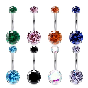 Detailed grid view of eight colorful G23 titanium belly rings with cubic zirconia settings