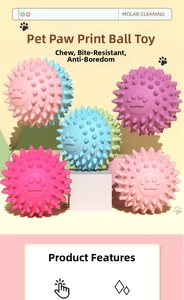 Detail of colorful TPR pet chew balls with spiked texture and footprint relief