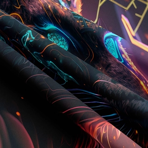 Macro shot of cyberpunk mushroom tapestry fabric showing neon blue and orange textures