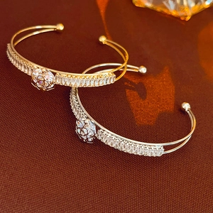 Open Bangle Cubic Zirconia Geometric Flower Layered French Style Elegant Cuff Bracelet For Women Silver Gold Plated