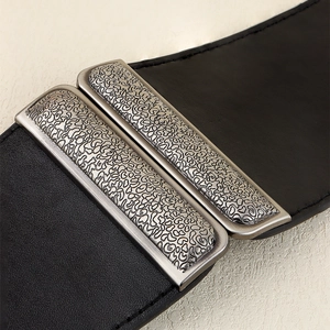 Vintage black wide corset belt with organic textured silver buckles for coats and dresses