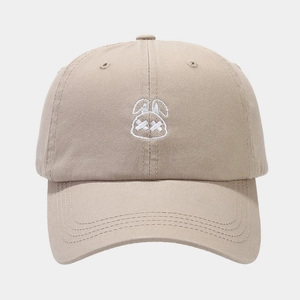Beige cotton baseball cap with cute rabbit embroidery shown from a front-center studio angle