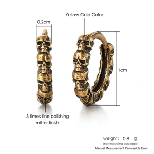 Detail showing dimensions of vintage gold skull hoop earring with high polished finish