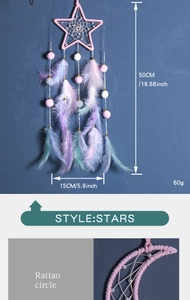Pink star-shaped rattan dreamcatcher detail showing dimensions 50cm length and 15cm width
