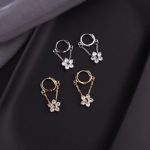 Elegant S925 sterling silver flower drop earrings with zircon crystals in gold and silver