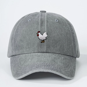 Adjustable grey washed denim baseball cap with detailed colorful rooster embroidery