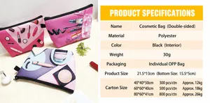 Polyester makeup bag with strawberry print and black lining, dimensions 21.5x13cm