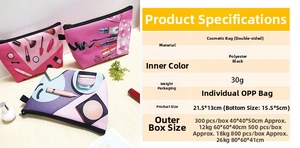Polyester makeup bag with strawberry print and black lining, dimensions 21.5x13cm