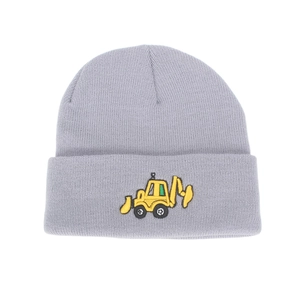 Detail of lavender knit beanie featuring a yellow excavator embroidery for boys