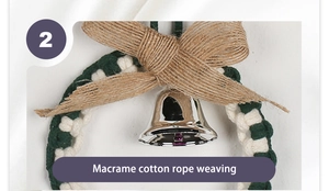 Close-up of handmade green Macrame cotton rope weaving with a silver bell and jute bow