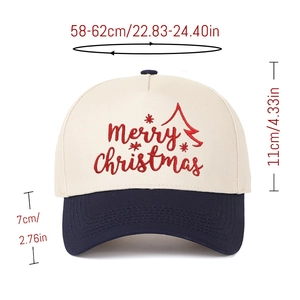 Detailed view of Merry Christmas embroidery on white and navy trucker baseball cap