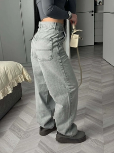 Vaqueros De Pata Ancha De Cintura Alta Denim De Algodón Gris Vintage Lavado Pantalones Acampanados Para Mujer