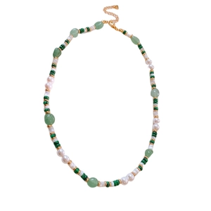 New Chinese style handmade green stone and pearl beaded necklace with gold metal clasp
