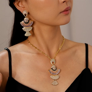 Fan Shaped Geometric Necklace And Earrings With Colorful Zircon Rhinestone Alloy Silver Earring Post Retro Art Deco Women