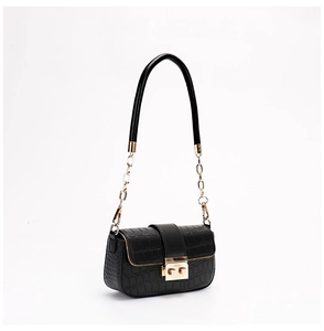 Elegant black crocodile pattern crossbody bag with gold chain strap and metal lock