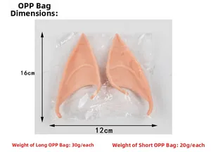 Detail of latex elf ears in OPP bag packaging with 12x16cm dimensions for cosplay