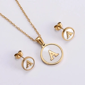 18k gold plated stainless steel necklace and earrings set with white shell A-letter pendant