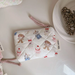 Quilted mini coin purse with cute cartoon animal prints and pink woven zipper pull