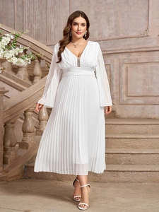 Abito Maxi In Chiffon Pieghettato Taglie Forti Elegante Scollo A V Maniche Lunghe A Campana Linea A Da Sera Per Donna