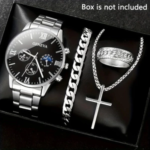 Detail view of silver business watch set with cross necklace bracelet and ring